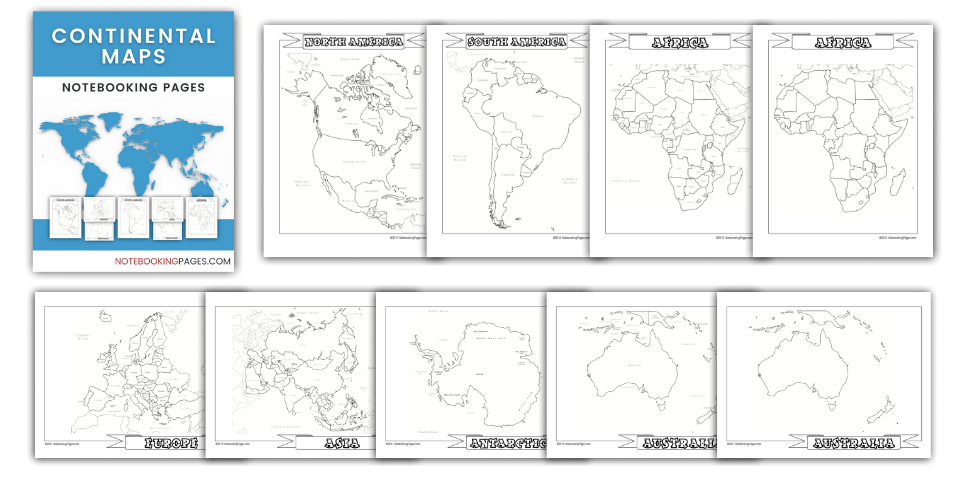 Continental Maps Notebooking Pages